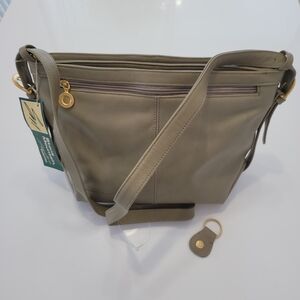 Stone Mountain  Taupe Leather Crossbody Bag with Gold Charm New